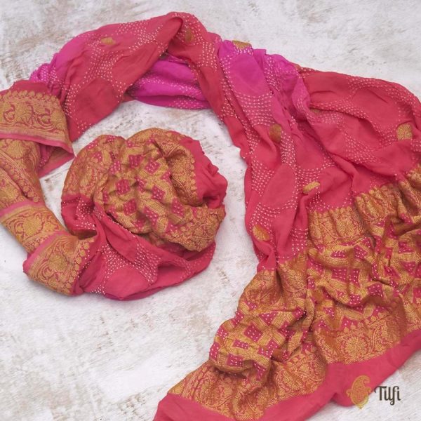 Gulaabi pink-Coral Pink Pure Georgette Banarasi Handloom Bandhani Dupatta Online Hot Sale