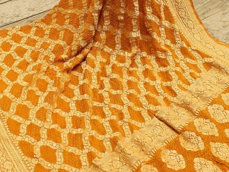 Mustard Pure Georgette Banarasi Handloom Bandhani Dupatta For Sale