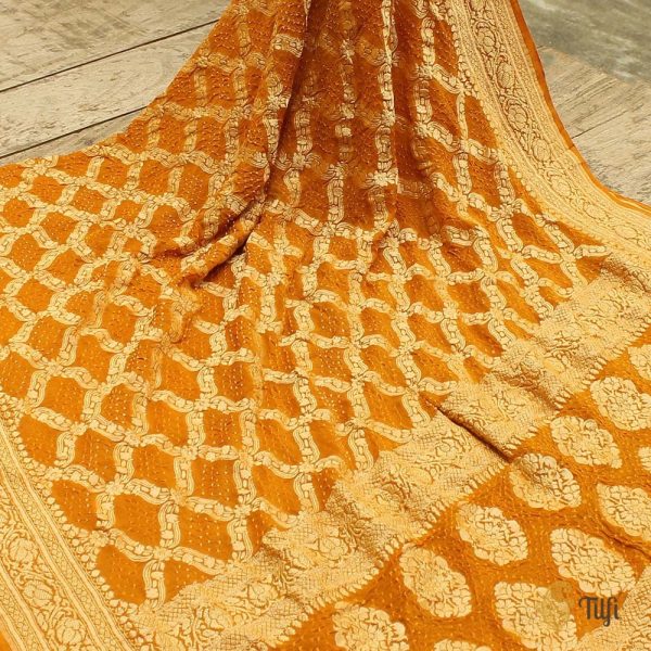 Mustard Pure Georgette Banarasi Handloom Bandhani Dupatta For Sale