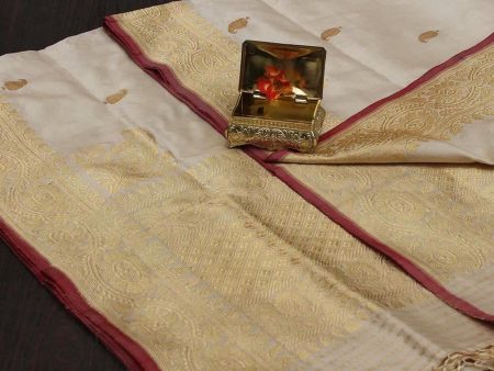 Off White Cream Pure Katan Silk Banarasi Handloom Dupatta For Discount