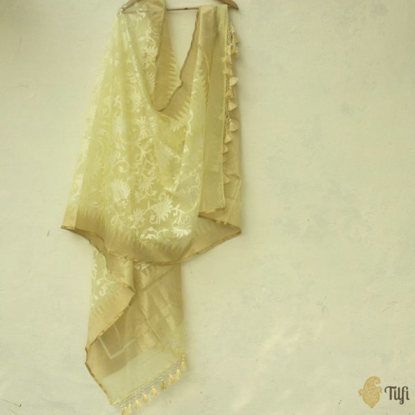 Mint Yellow Pure Kora Net Banarasi Handloom Dupatta For Sale