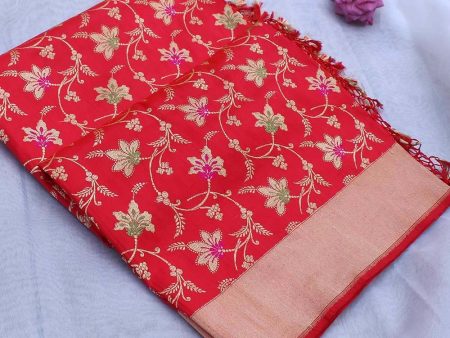 Red Pure Katan Silk Banarasi Handloom Kadwa Jangla Dupatta For Cheap