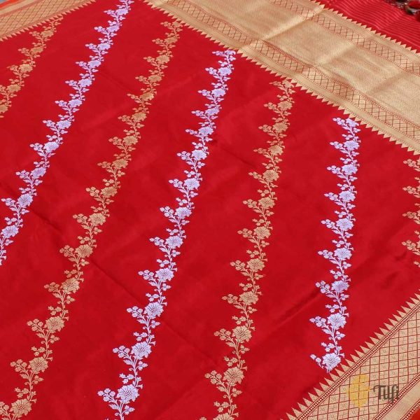 Red Pure Katan Silk Banarasi Handwoven Dupatta For Cheap