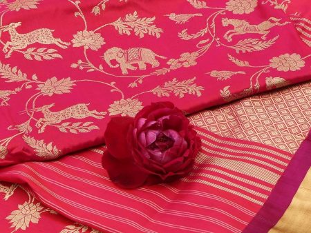 Rani Pink-Red Pure Katan Silk Banarasi Handloom Dupatta on Sale