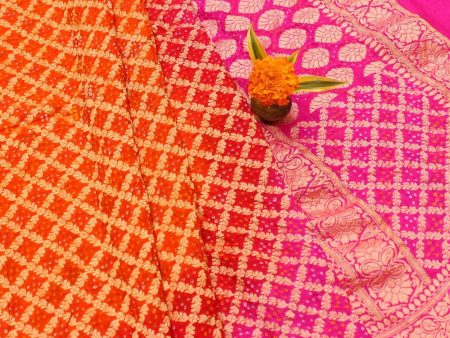 Orange-Red-Hot Pink Pure Georgette Banarasi Handloom Bandhani Dupatta Online now