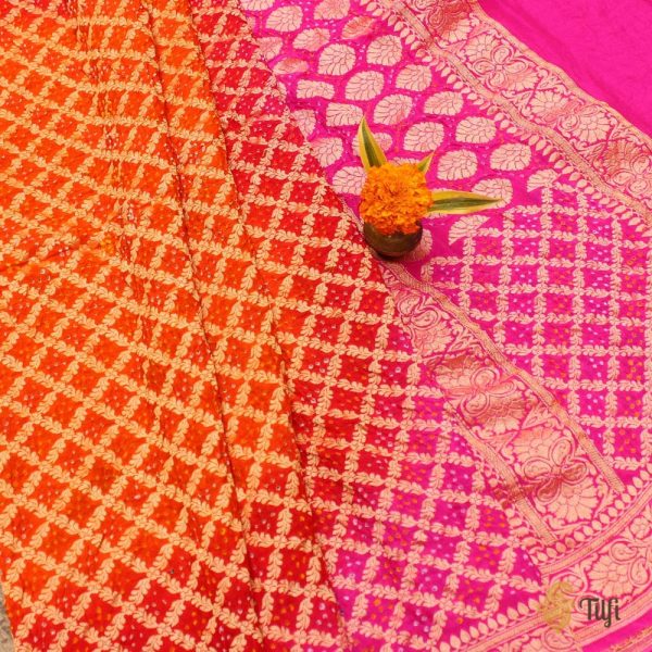 Orange-Red-Hot Pink Pure Georgette Banarasi Handloom Bandhani Dupatta Online now