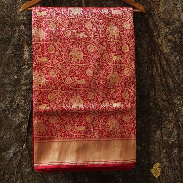 Deep Red-Rani Pink Pure Katan Silk Banarasi Handloom Saree Supply