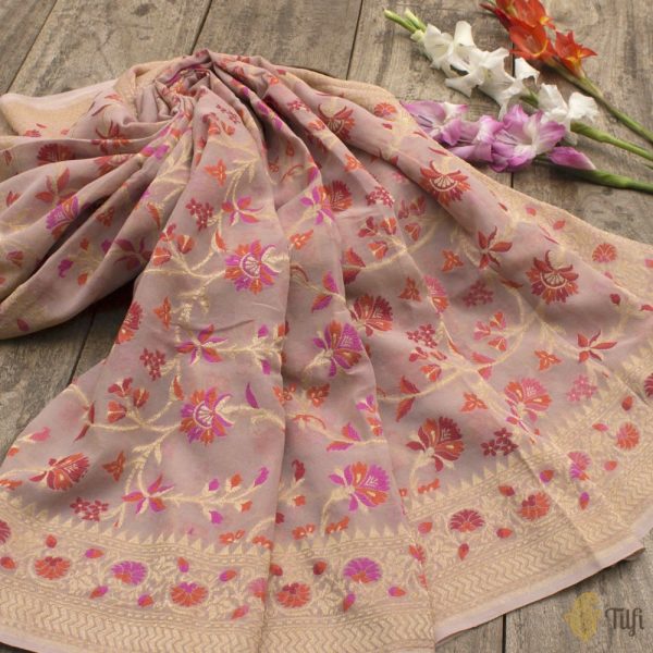 Light Dusty Pink Pure Khaddi Georgette Banarasi Handloom Dupatta Online now