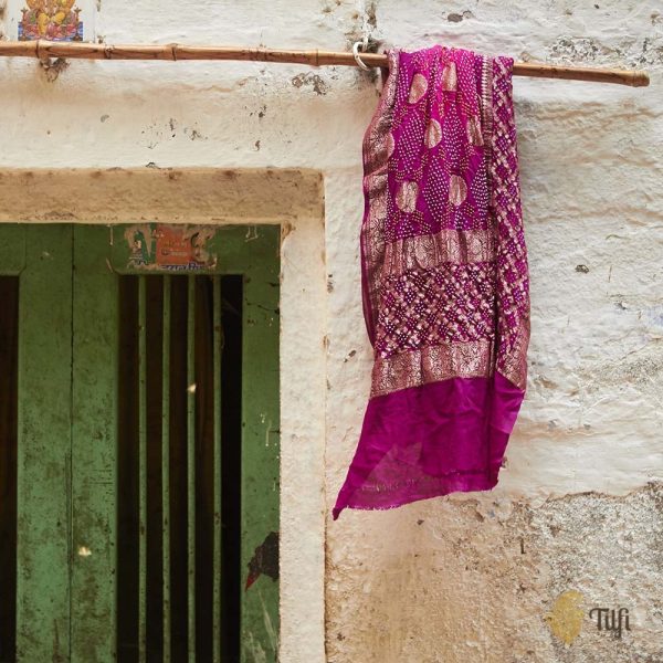 Rani Pink-Deep Magenta Pure Georgette Banarasi Handloom Bandhani Dupatta Discount