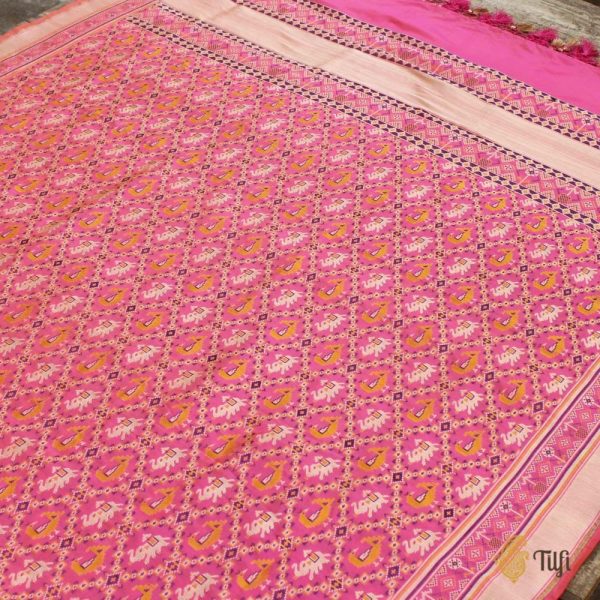 Orange-Pink Pure Katan Silk Banarasi Handloom Patola Dupatta on Sale