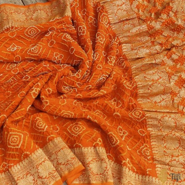 Orange Pure Georgette Banarasi Handloom Bandhani Dupatta Sale