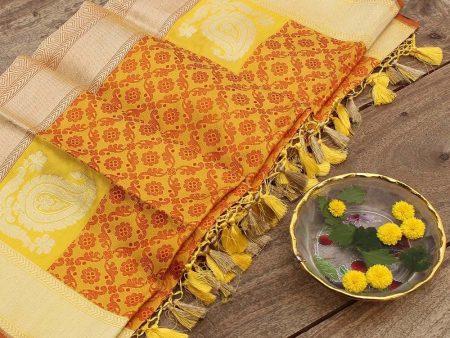 Orange-Yellow Pure Katan Silk Banarasi Handloom Dupatta For Discount