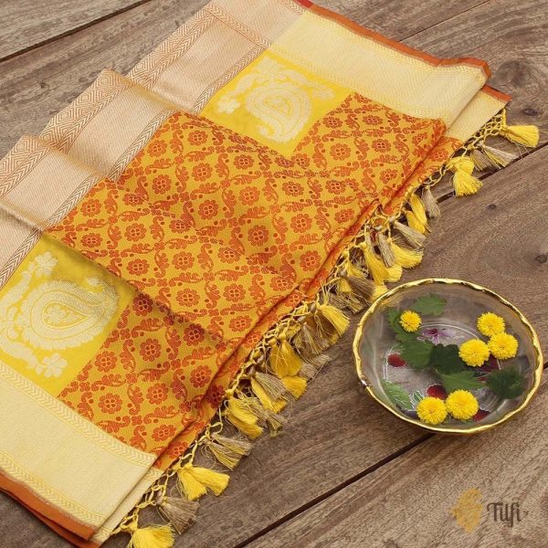 Orange-Yellow Pure Katan Silk Banarasi Handloom Dupatta For Discount