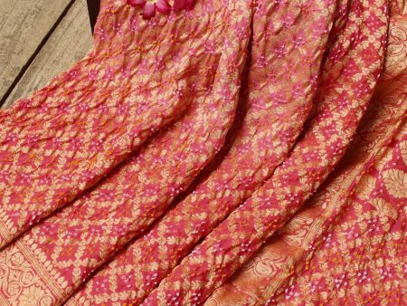 Light Pink-Coral Pink Pure Georgette Banarasi Handloom Bandhani Dupatta Hot on Sale