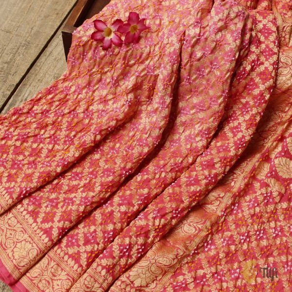 Light Pink-Coral Pink Pure Georgette Banarasi Handloom Bandhani Dupatta Hot on Sale