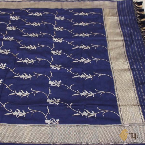 Navy Blue Pure Katan Silk Banarasi Kadwa Jangla Handloom Dupatta Fashion