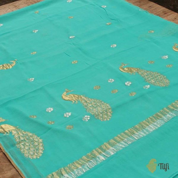 Aqua Blue Pure Chiffon Georgette Banarasi Handloom Saree For Cheap