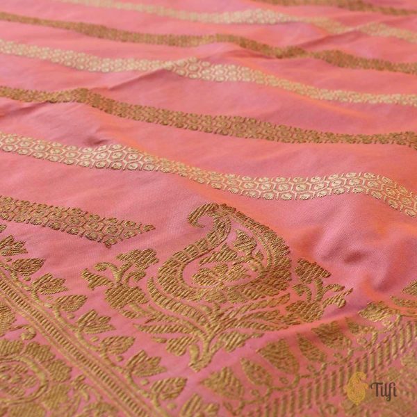 Peach Pure Katan Silk Aadha Jaal Banarasi Handloom Dupatta on Sale