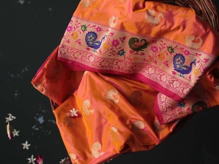 Yellow-Gulabi Pink Pure Katan Silk Banarasi Paithani Handloom Saree Supply