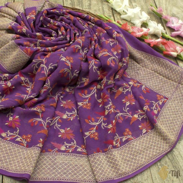 Purple Pure Khaddi Georgette Banarasi Handloom Dupatta For Sale