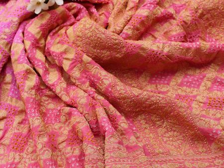 Light Fuchsia Pink - Coral Peach Pure Georgette Banarasi Handloom Bandhani Dupatta Fashion