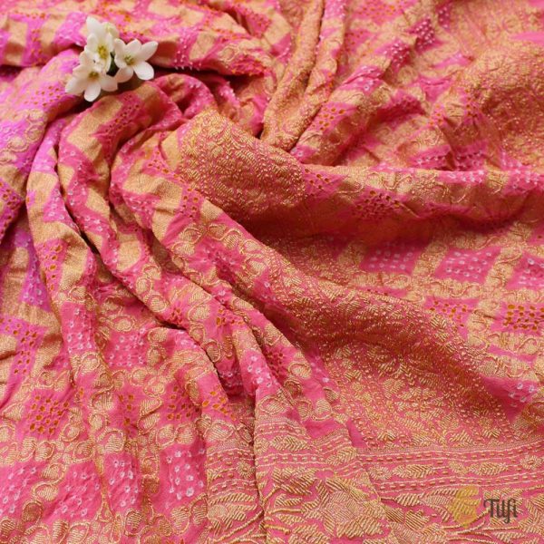 Light Fuchsia Pink - Coral Peach Pure Georgette Banarasi Handloom Bandhani Dupatta Fashion