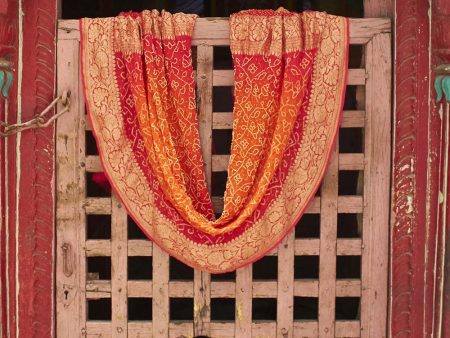 Orange-Pink Pure Georgette Banarasi Handloom Bandhani Dupatta Online now