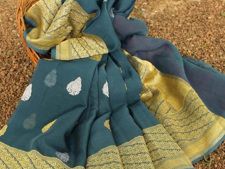 Aegean Blue Pure Khaddi Georgette Banarasi Handloom Saree For Sale