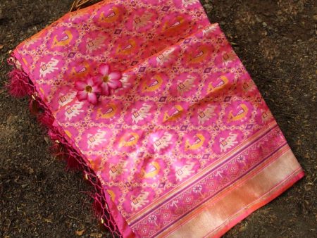 Orange-Pink Pure Katan Silk Banarasi Handloom Patola Dupatta on Sale