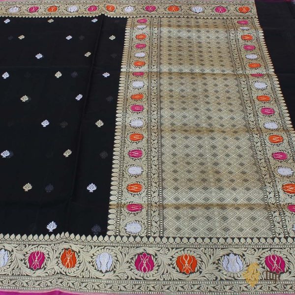 Black Pure Kora Silk Banarasi Handloom Saree For Discount