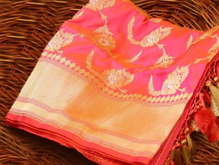 Light Orange-Gulabi Pink Pure Katan Silk Kadwa Jangla Handloom Dupatta Online