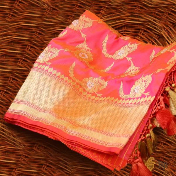 Light Orange-Gulabi Pink Pure Katan Silk Kadwa Jangla Handloom Dupatta Online