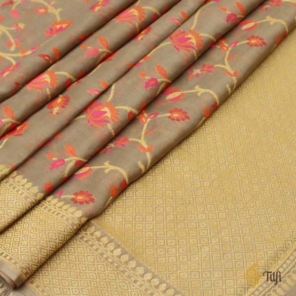 Light Taupe Gray Pure Khaddi Georgette Banarasi Handloom Dupatta Online now