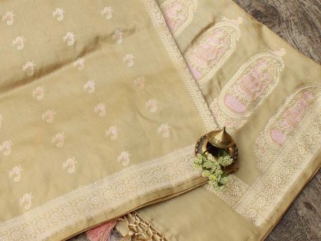 Beige Pure Katan Silk Banarasi Handwoven Dupatta For Sale