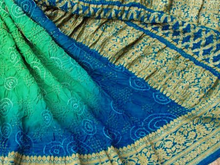 Green-Blue Pure Georgette Banarasi Handloom Bandhani Dupatta Discount