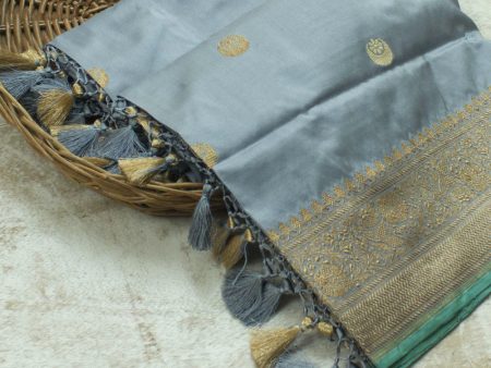 Blueish-Grey Pure Katan Silk Banarasi Handloom Dupatta For Discount