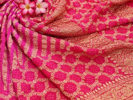 Gulabi-Rani Pink Pure Georgette Banarasi Handloom Bandhani Dupatta For Discount