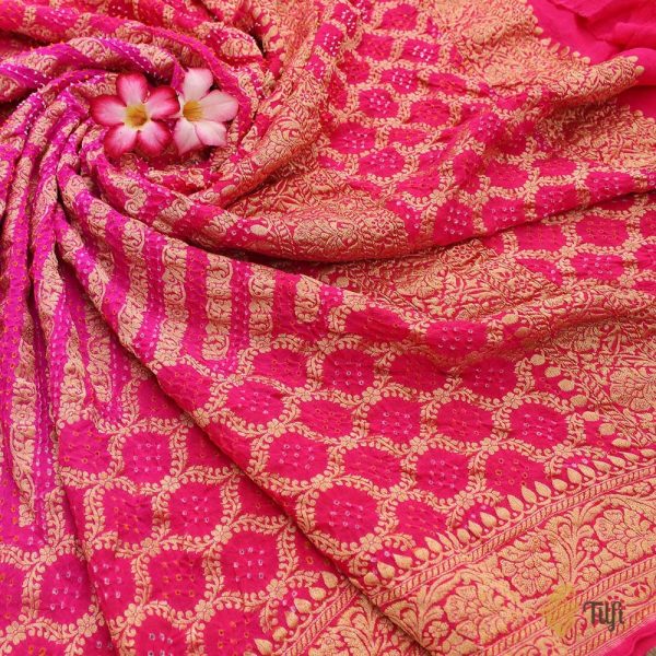 Gulabi-Rani Pink Pure Georgette Banarasi Handloom Bandhani Dupatta For Discount