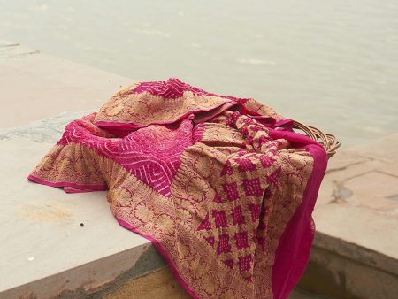 Peach-Pink Pure Georgette Banarasi Handloom Bandhani Dupatta For Discount