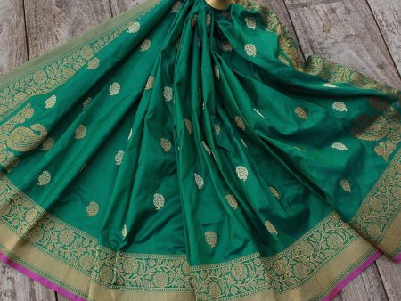 Rama Green Pure Katan Silk Banarasi Handloom Dupatta For Sale