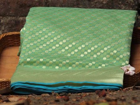 Aqua Green Pure Cotton Banarasi Handloom Saree For Discount