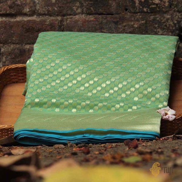 Aqua Green Pure Cotton Banarasi Handloom Saree For Discount