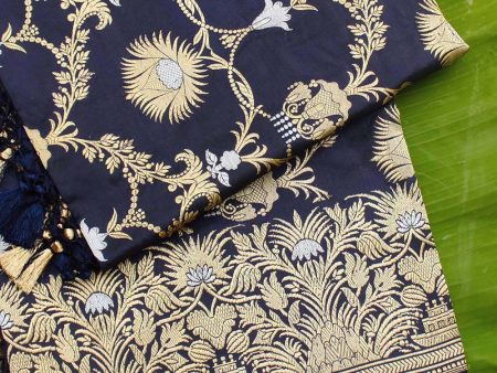 Navy Blue Pure Katan Silk Banarasi Handloom Jangla Dupatta Hot on Sale