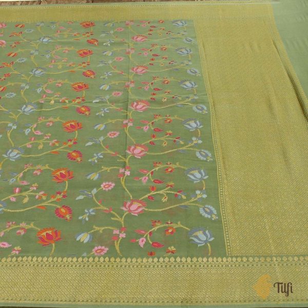 Olive Green Pure Khaddi Georgette Banarasi Handloom Dupatta For Discount