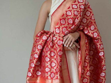 Red Pure Katan Silk Banarasi Handloom Heirloom Dupatta Fashion