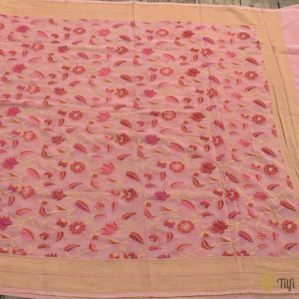 Light Peach Pure Khaddi Georgette Banarasi Handloom Dupatta For Cheap