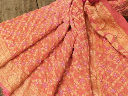 Light Pink-Light Coral Pink Pure Georgette Banarasi Handloom Bandhani Dupatta Cheap