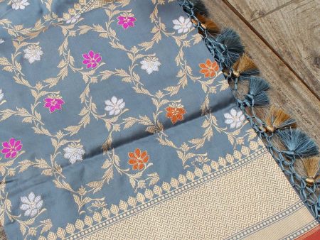 Grey Pure Katan Silk Banarasi Handloom Dupatta Supply