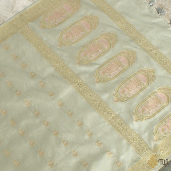 Light Grey Pure Katan Silk Banarasi Handloom Petite Dupatta For Discount