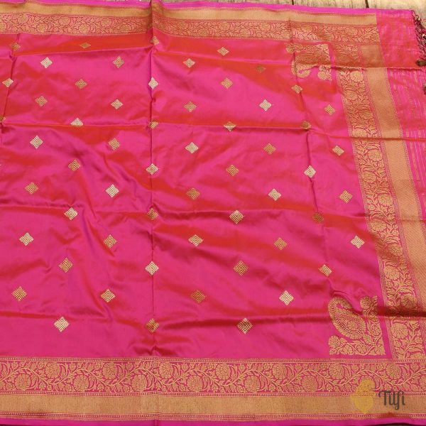 Orange-Pink Pure Katan Silk Banarasi Handloom Dupatta For Discount